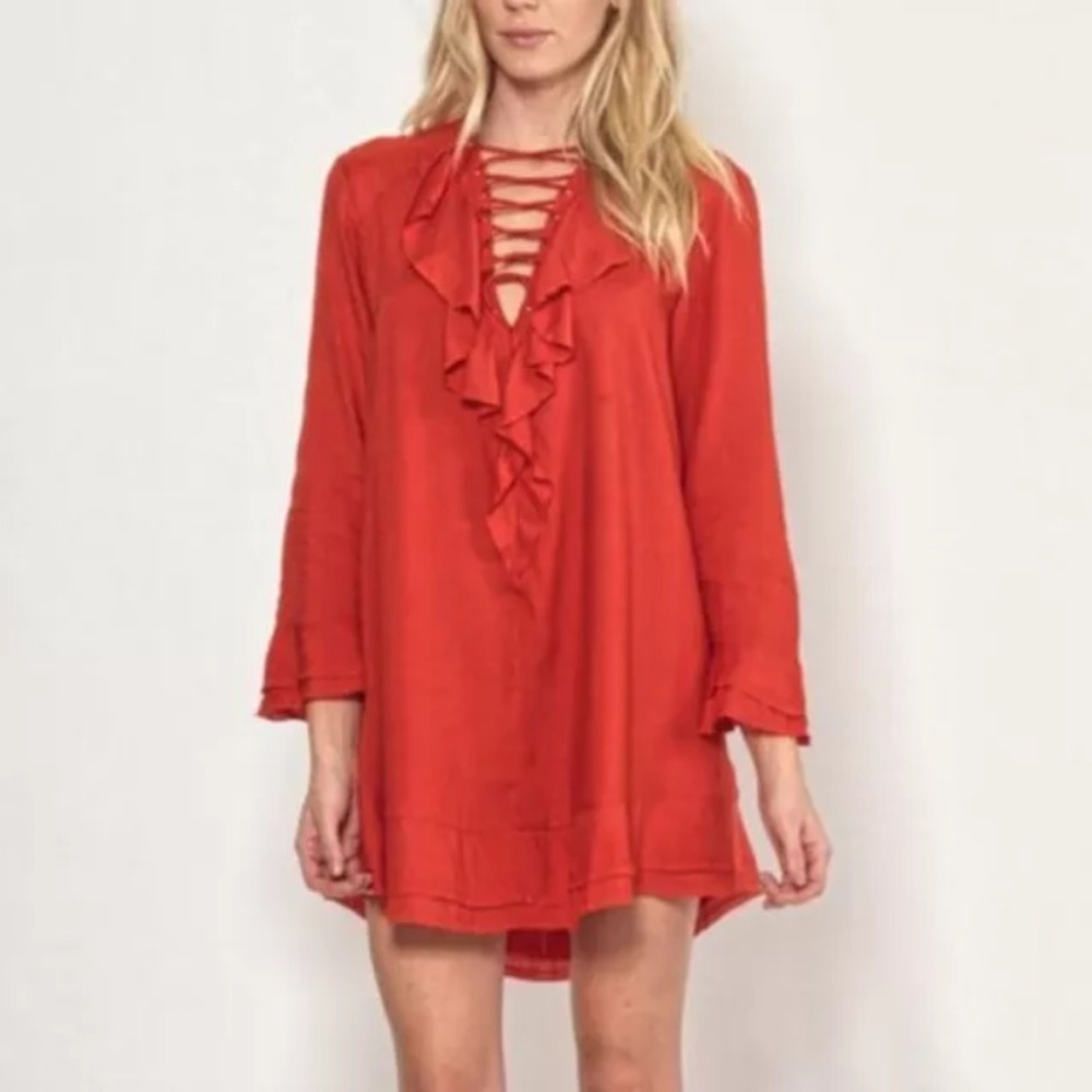NEW $265 Iro Florine Red Orange Lace Up Ruffle Fray Frill Mini Shift Dress 34 XS
